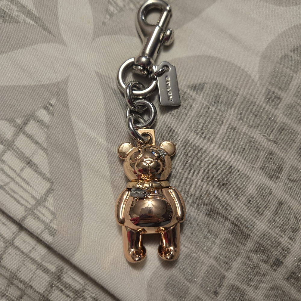Coach Gold/Rose Gold Metallic Bear Keychain With Silver Clasp
